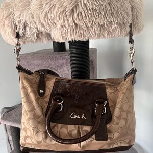 Coach Beige Signature Satchel with Dark Brown Trim